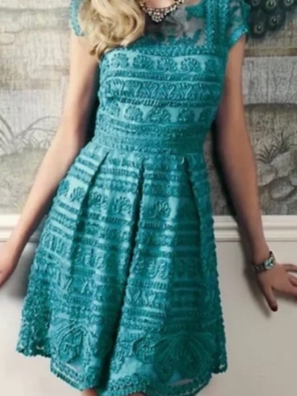 Teal Lace/Embroidered Fit-and-Flare Dress
